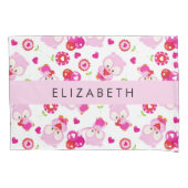 フクロウの柄、かわいいフクロウ、ピンクのフクロウ、お名前 枕カバー (正面)