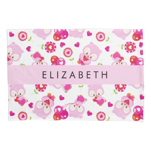 フクロウの柄、かわいいフクロウ、ピンクのフクロウ、お名前 枕カバー (正面)