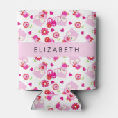 フクロウの柄、かわいいフクロウ、ピンクのフクロウ、お名前 缶クーラー (裏面)