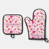 フクロウの柄、かわいいフクロウ、ピンクのフクロウ、お名前 鍋つかみ&鍋敷きセット (正面)