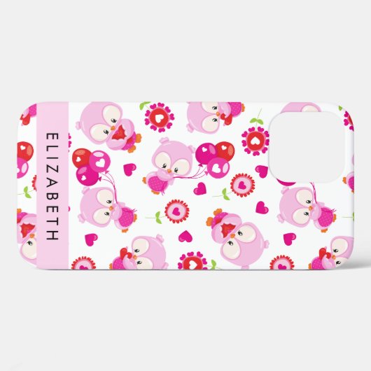 フクロウの柄、かわいいフクロウ、ピンクのフクロウ、お名前 Case-Mate iPhoneケース (裏面 (横))