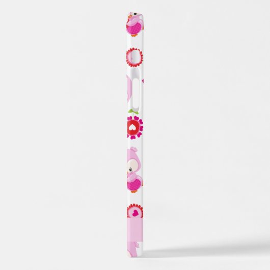 フクロウの柄、かわいいフクロウ、ピンクのフクロウ、お名前 iPhoneケース (左側面)