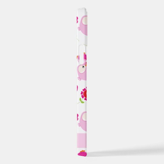 フクロウの柄、かわいいフクロウ、ピンクのフクロウ、お名前 iPhoneケース (右側面)