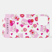 フクロウの柄、かわいいフクロウ、ピンクのフクロウ、お名前 iPhoneケース (裏面横)