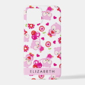 フクロウの柄、かわいいフクロウ、ピンクのフクロウ、お名前 iPhoneケース (裏面)