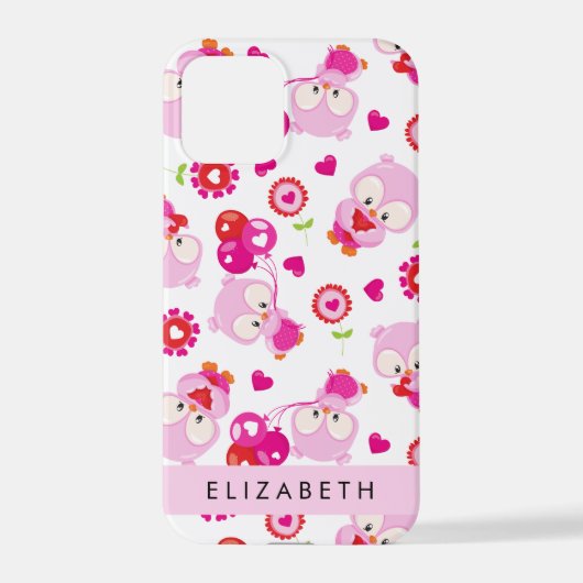 フクロウの柄、かわいいフクロウ、ピンクのフクロウ、お名前 iPhoneケース (裏面)