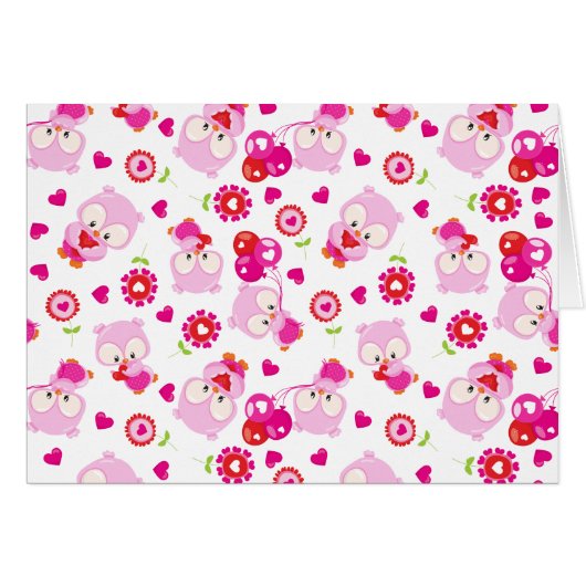 フクロウの柄、かわいいフクロウ、ピンクのフクロウ、ハート (正面横)