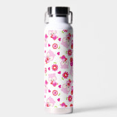 フクロウの柄、かわいいフクロウ、ピンクのフクロウ、ハート ウォーターボトル (正面)