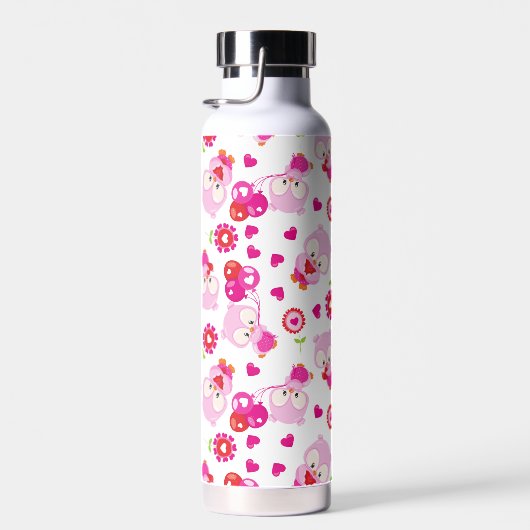 フクロウの柄、かわいいフクロウ、ピンクのフクロウ、ハート ウォーターボトル (右面)