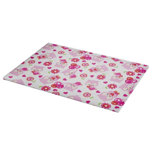 フクロウの柄、かわいいフクロウ、ピンクのフクロウ、ハート カッティングボード (角)