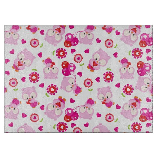 フクロウの柄、かわいいフクロウ、ピンクのフクロウ、ハート カッティングボード (正面)