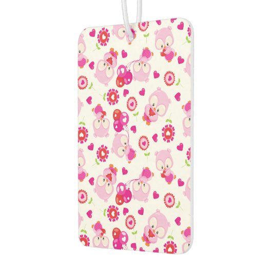 フクロウの柄、かわいいフクロウ、ピンクのフクロウ、ハート カーエアーフレッシュナー (左)