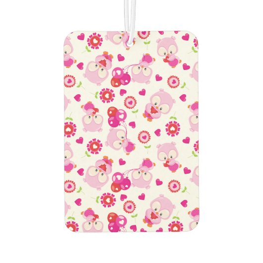 フクロウの柄、かわいいフクロウ、ピンクのフクロウ、ハート カーエアーフレッシュナー (裏面)