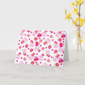 フクロウの柄、かわいいフクロウ、ピンクのフクロウ、ハート カード (黄色い花)