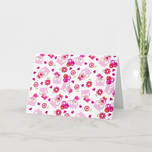 フクロウの柄、かわいいフクロウ、ピンクのフクロウ、ハート カード (正面)