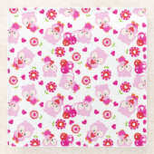 フクロウの柄、かわいいフクロウ、ピンクのフクロウ、ハート ガラスコースター (正面)