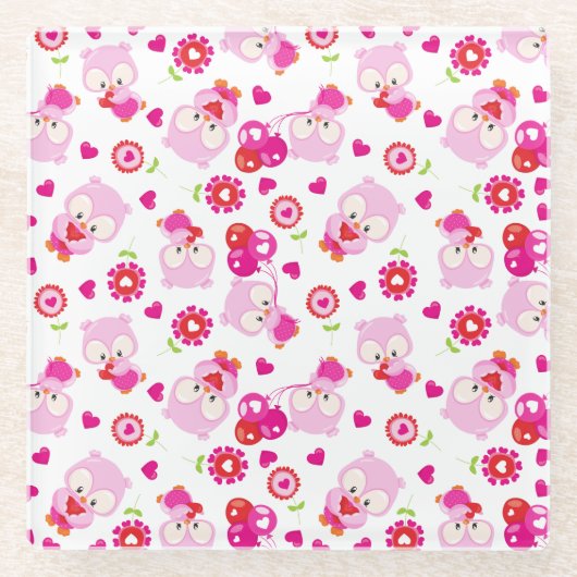 フクロウの柄、かわいいフクロウ、ピンクのフクロウ、ハート ガラスコースター (正面)