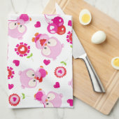 フクロウの柄、かわいいフクロウ、ピンクのフクロウ、ハート キッチンタオル (四つ折り)