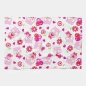 フクロウの柄、かわいいフクロウ、ピンクのフクロウ、ハート キッチンタオル (横)