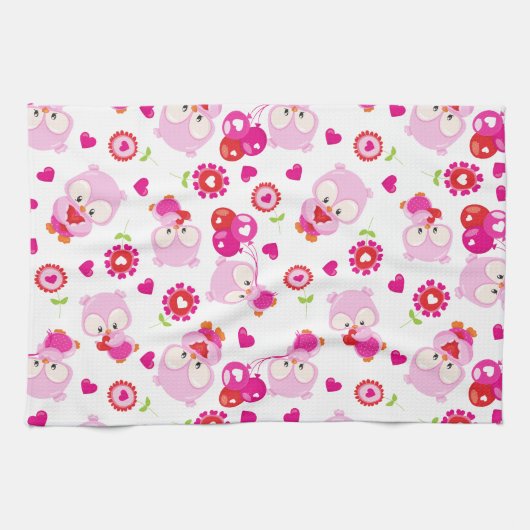 フクロウの柄、かわいいフクロウ、ピンクのフクロウ、ハート キッチンタオル (横)