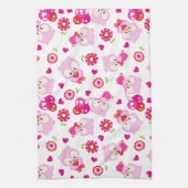フクロウの柄、かわいいフクロウ、ピンクのフクロウ、ハート キッチンタオル (縦)