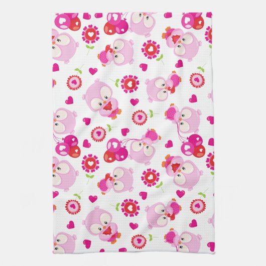 フクロウの柄、かわいいフクロウ、ピンクのフクロウ、ハート キッチンタオル (縦)