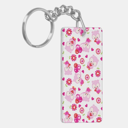 フクロウの柄、かわいいフクロウ、ピンクのフクロウ、ハート キーホルダー (正面左)