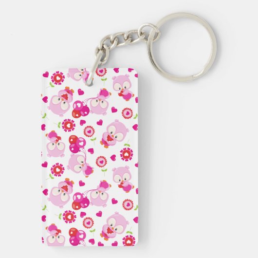 フクロウの柄、かわいいフクロウ、ピンクのフクロウ、ハート キーホルダー (裏面)