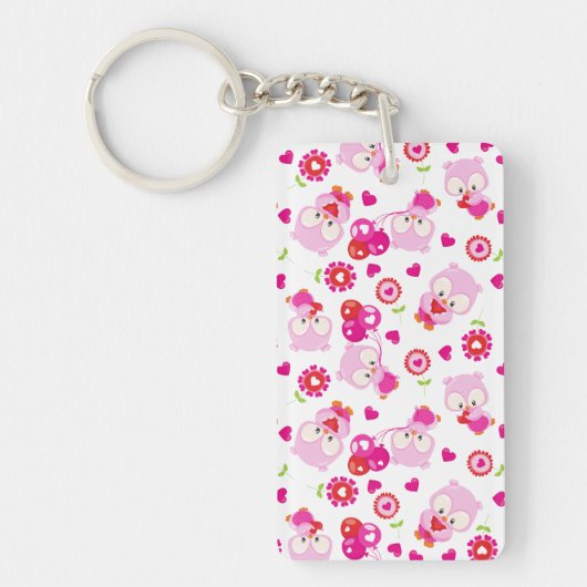 フクロウの柄、かわいいフクロウ、ピンクのフクロウ、ハート キーホルダー (正面)