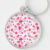 フクロウの柄、かわいいフクロウ、ピンクのフクロウ、ハート キーホルダー (正面)