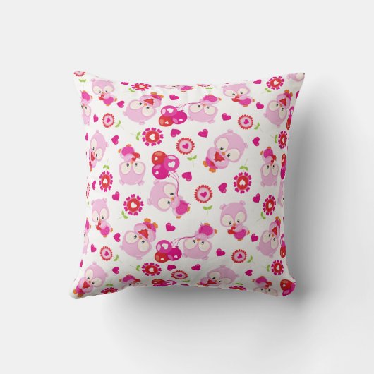 フクロウの柄、かわいいフクロウ、ピンクのフクロウ、ハート クッション (裏面)
