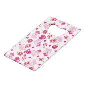 フクロウの柄、かわいいフクロウ、ピンクのフクロウ、ハート クレジットカード栓抜き (正面アングル)