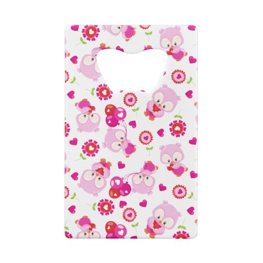 フクロウの柄、かわいいフクロウ、ピンクのフクロウ、ハート クレジットカード栓抜き (裏面)