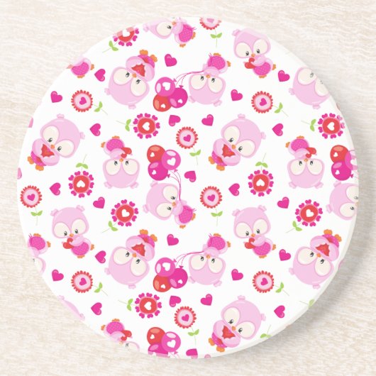 フクロウの柄、かわいいフクロウ、ピンクのフクロウ、ハート コースター (正面)