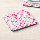 フクロウの柄、かわいいフクロウ、ピンクのフクロウ、ハート コースター (左側)