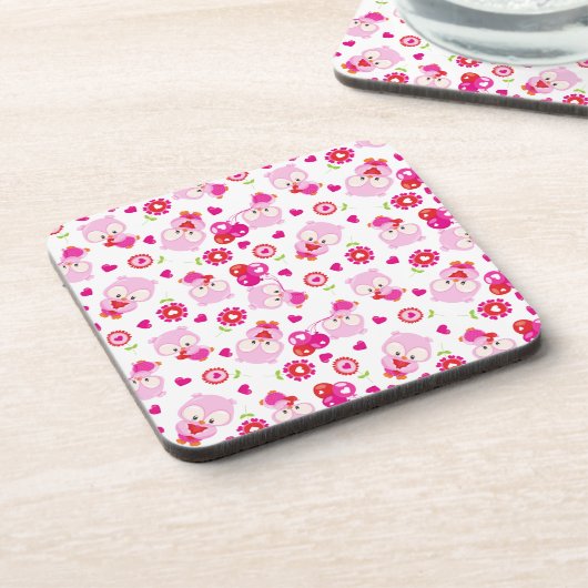 フクロウの柄、かわいいフクロウ、ピンクのフクロウ、ハート コースター (左側)