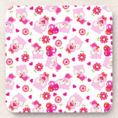 フクロウの柄、かわいいフクロウ、ピンクのフクロウ、ハート コースター (正面)