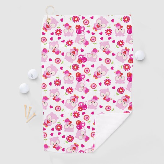 フクロウの柄、かわいいフクロウ、ピンクのフクロウ、ハート ゴルフタオル (インサイチュ)