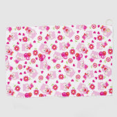 フクロウの柄、かわいいフクロウ、ピンクのフクロウ、ハート ゴルフタオル (横)