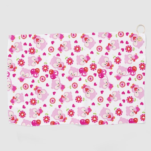 フクロウの柄、かわいいフクロウ、ピンクのフクロウ、ハート ゴルフタオル (横)