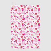 フクロウの柄、かわいいフクロウ、ピンクのフクロウ、ハート ゴルフタオル (正面)