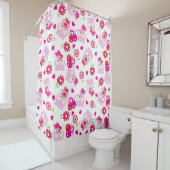 フクロウの柄、かわいいフクロウ、ピンクのフクロウ、ハート シャワーカーテン (インサイチュ)