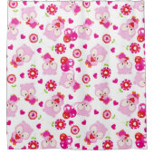 フクロウの柄、かわいいフクロウ、ピンクのフクロウ、ハート シャワーカーテン (正面)