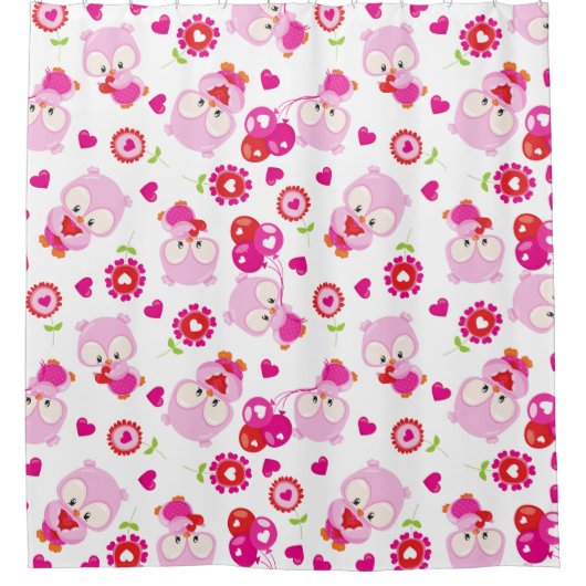 フクロウの柄、かわいいフクロウ、ピンクのフクロウ、ハート シャワーカーテン (正面)