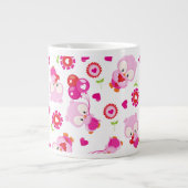 フクロウの柄、かわいいフクロウ、ピンクのフクロウ、ハート ジャンボコーヒーマグカップ (正面)