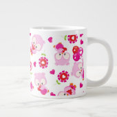 フクロウの柄、かわいいフクロウ、ピンクのフクロウ、ハート ジャンボコーヒーマグカップ (右)