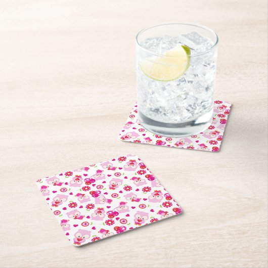 フクロウの柄、かわいいフクロウ、ピンクのフクロウ、ハート スクエアペーパーコースター (インサイチュ)