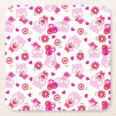 フクロウの柄、かわいいフクロウ、ピンクのフクロウ、ハート スクエアペーパーコースター (正面)