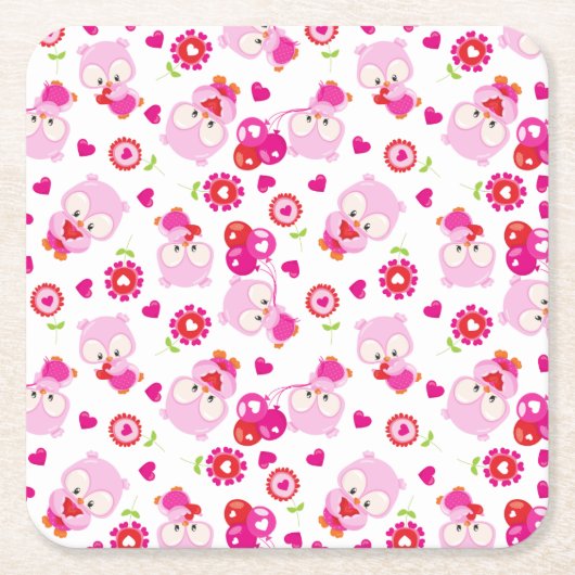 フクロウの柄、かわいいフクロウ、ピンクのフクロウ、ハート スクエアペーパーコースター (正面)