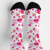 フクロウの柄、かわいいフクロウ、ピンクのフクロウ、ハート ソックス (上部)